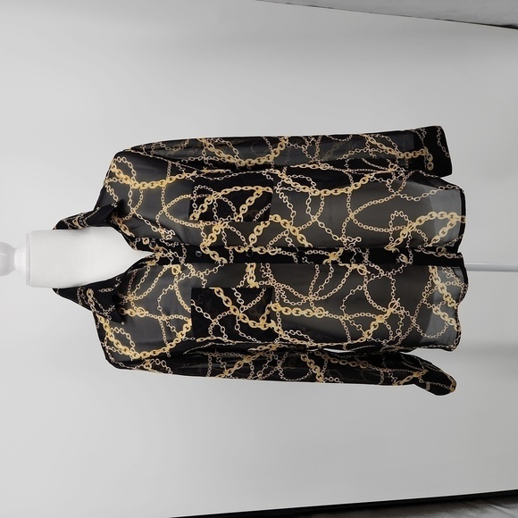 Forever 21 Women Black Gold Chain Print Semi Sheer Button Down Blouse - Picture 1 of 9